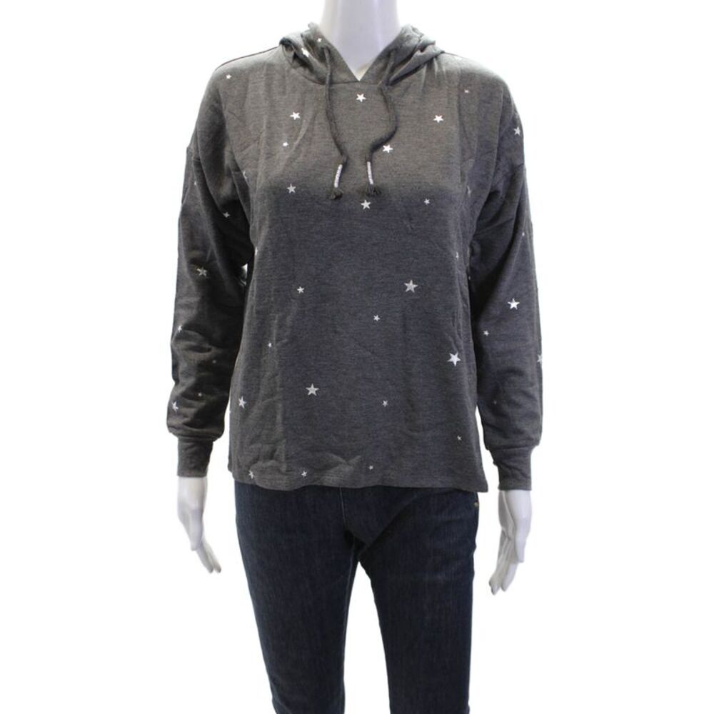 P.J. Salvage Womens Geometric Print Drawstring Long Sleeve Hoodie Gray Size XS